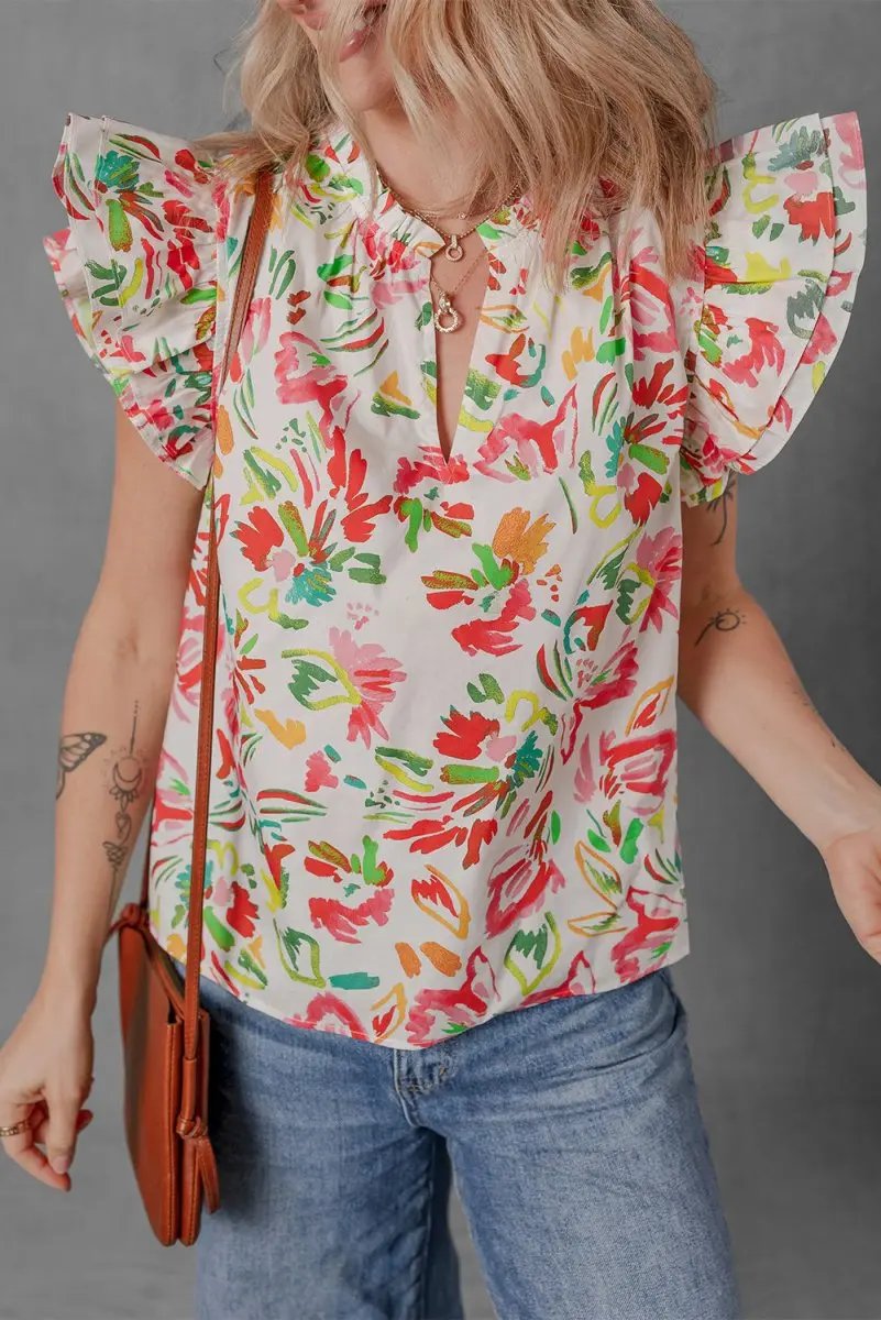 Multicolour Allover Floral Printed Flutter Sleeve Blouse - Love Salve